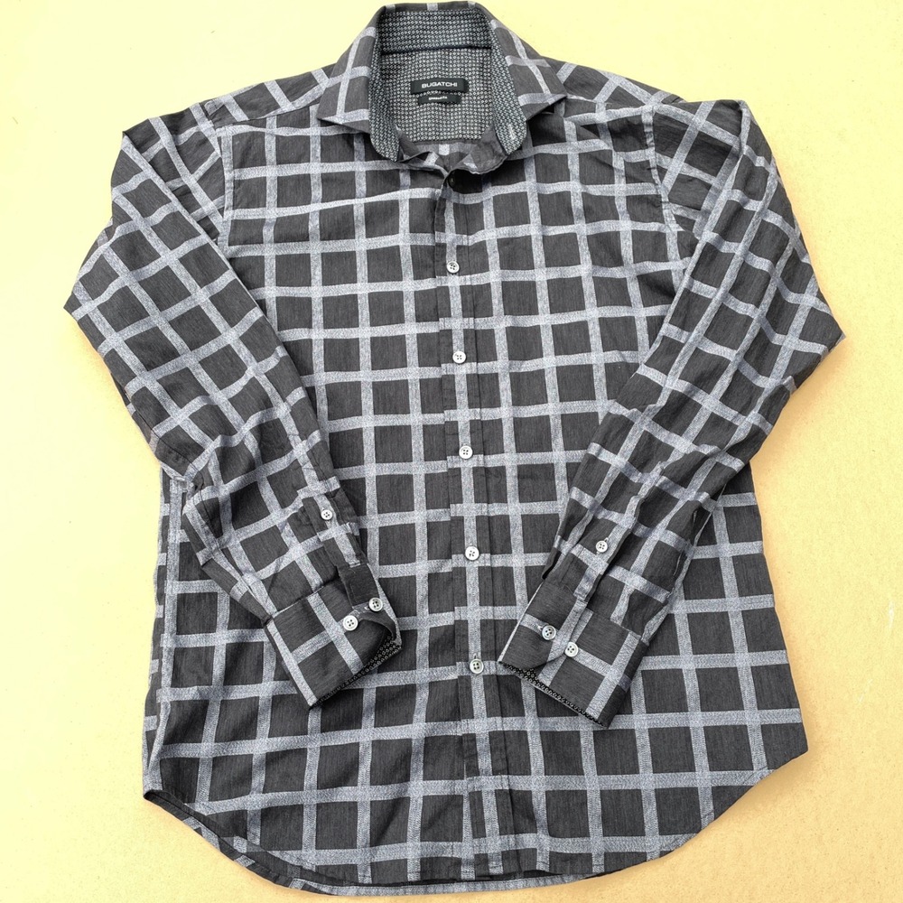 Bugatchi Button Up Shirt Mens Small Grey Casual Shaped Fit Windowpane Check